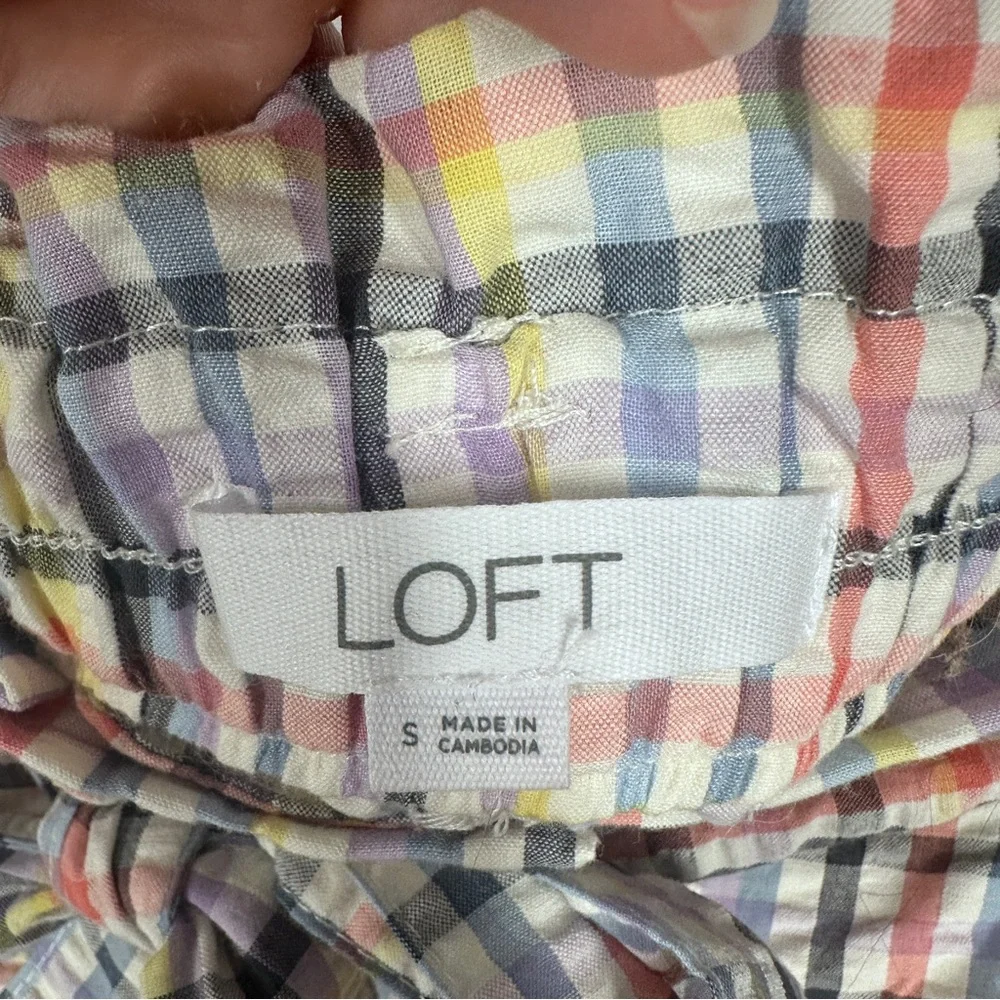 Loft Seersucker Plaid Paper Bag Waist Shorts Size Small Belt Pastel